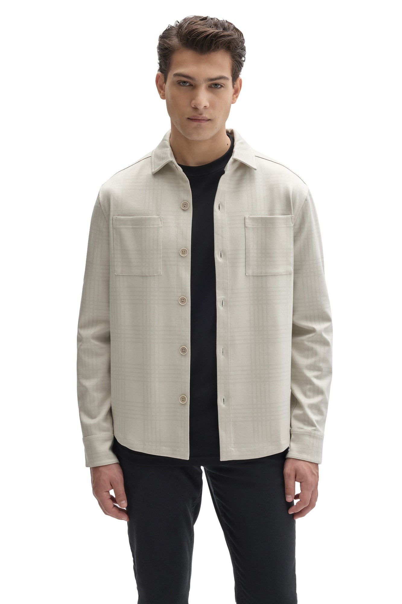 Robert Barakett men's cream tonal plaid overshirt worn open with two chest patch pockets and button placket, front view