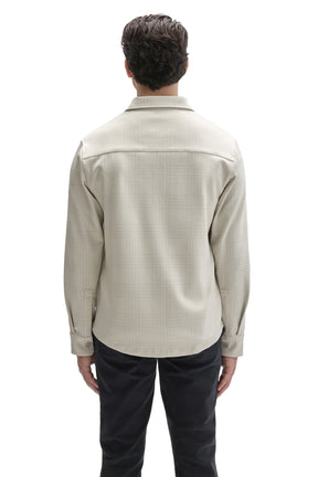 Robert Barakett men's cream tonal plaid overshirt with button cuffs, back yoke and point collar shown from the back