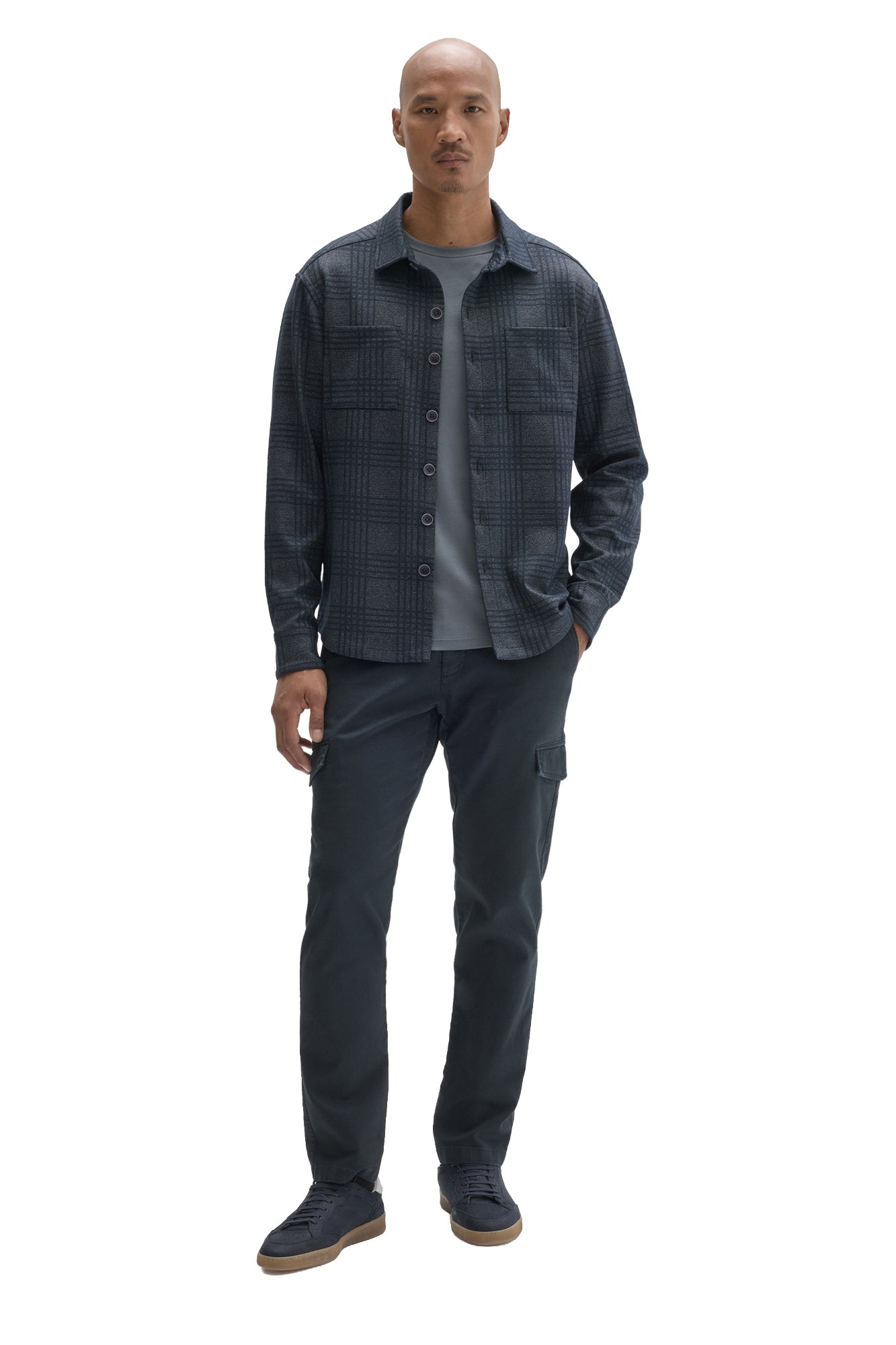 Robert Barakett men's full front view of dark blue plaid overshirt worn open over a gray T-Shirt