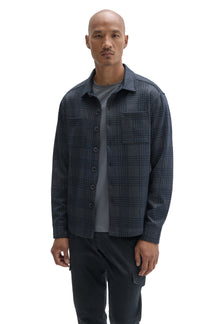Robert Barakett men's dark blue plaid overshirt with two chest patch pockets, collar and buttons shown from the front