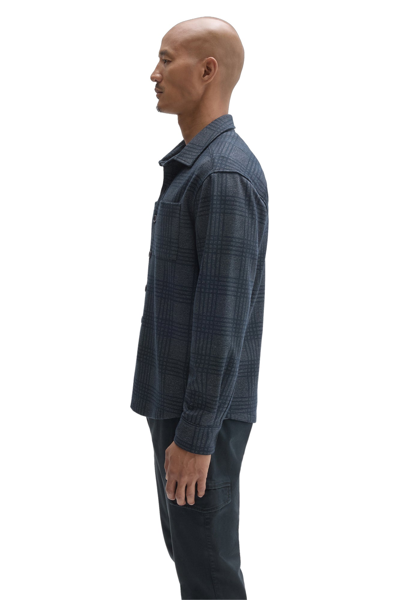 Robert Barakett men's dark blue plaid overshirt showing straight hem, chest pocket and collar, side view