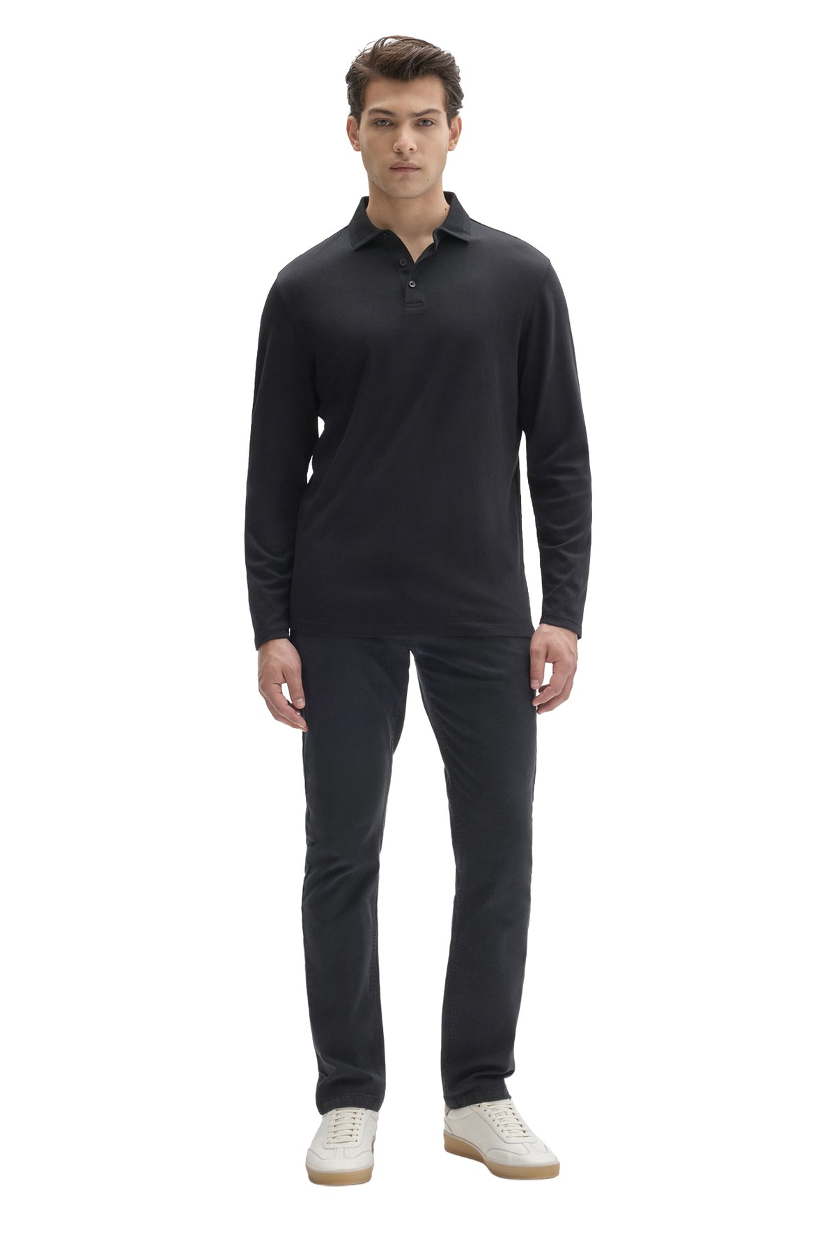Robert Barakett men's full front view of black long sleeve polo with straight hem and ribbed collar