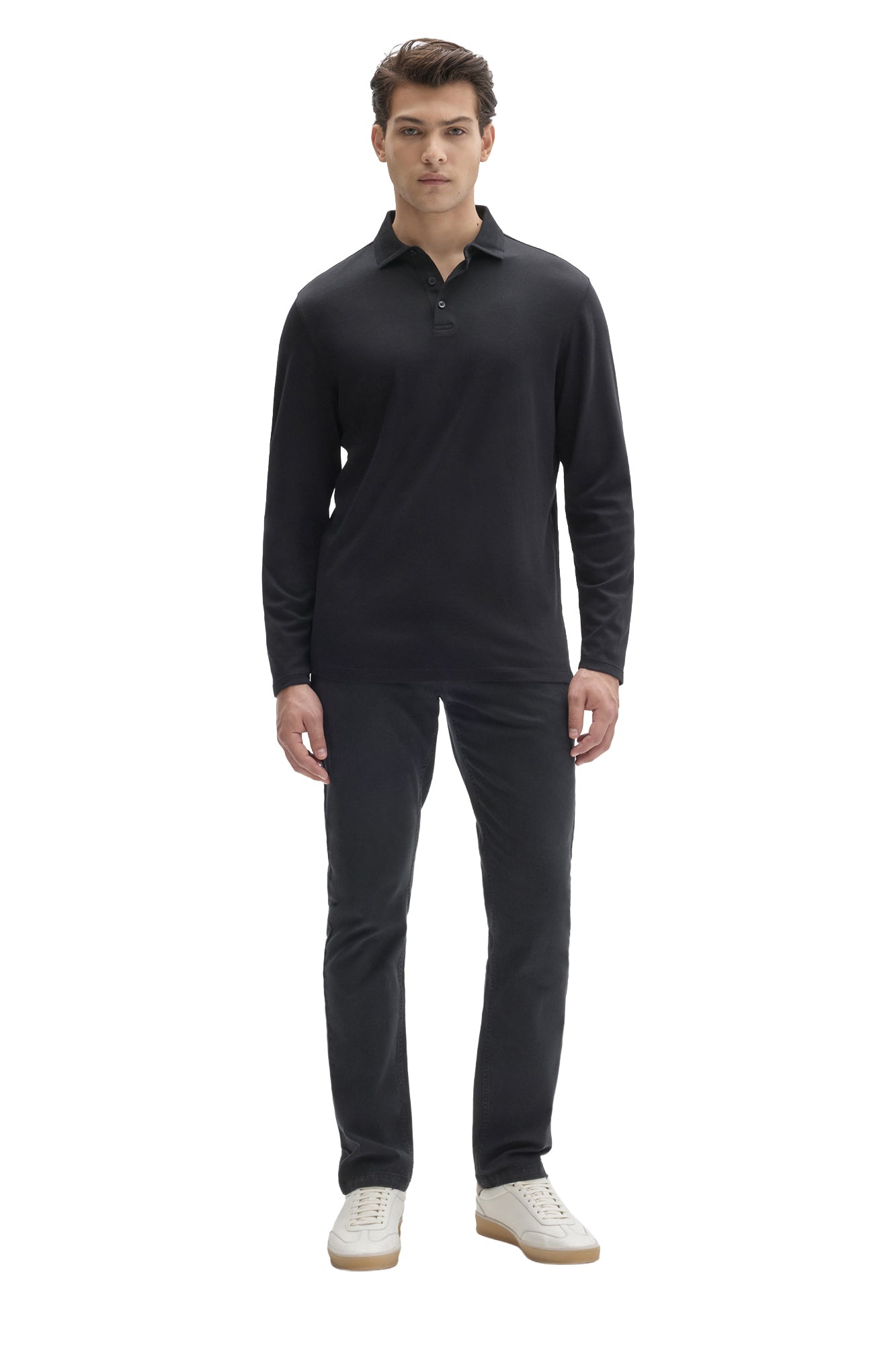 Robert Barakett men's full front view of black long sleeve polo with straight hem and ribbed collar
