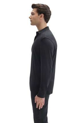 Side view of men's black long sleeve polo showing shoulder seam and ribbed collar by Robert Barakett