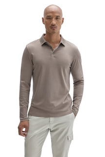 Robert Barakett men's taupe long sleeve polo with three-button placket and ribbed collar shown from the front