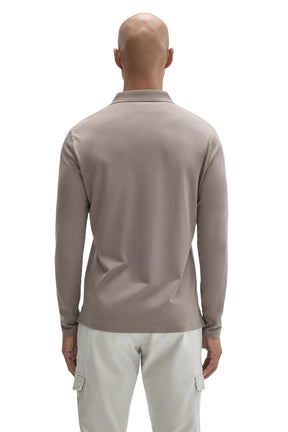 Robert Barakett men's taupe long sleeve polo showing straight hem and ribbed collar, back view