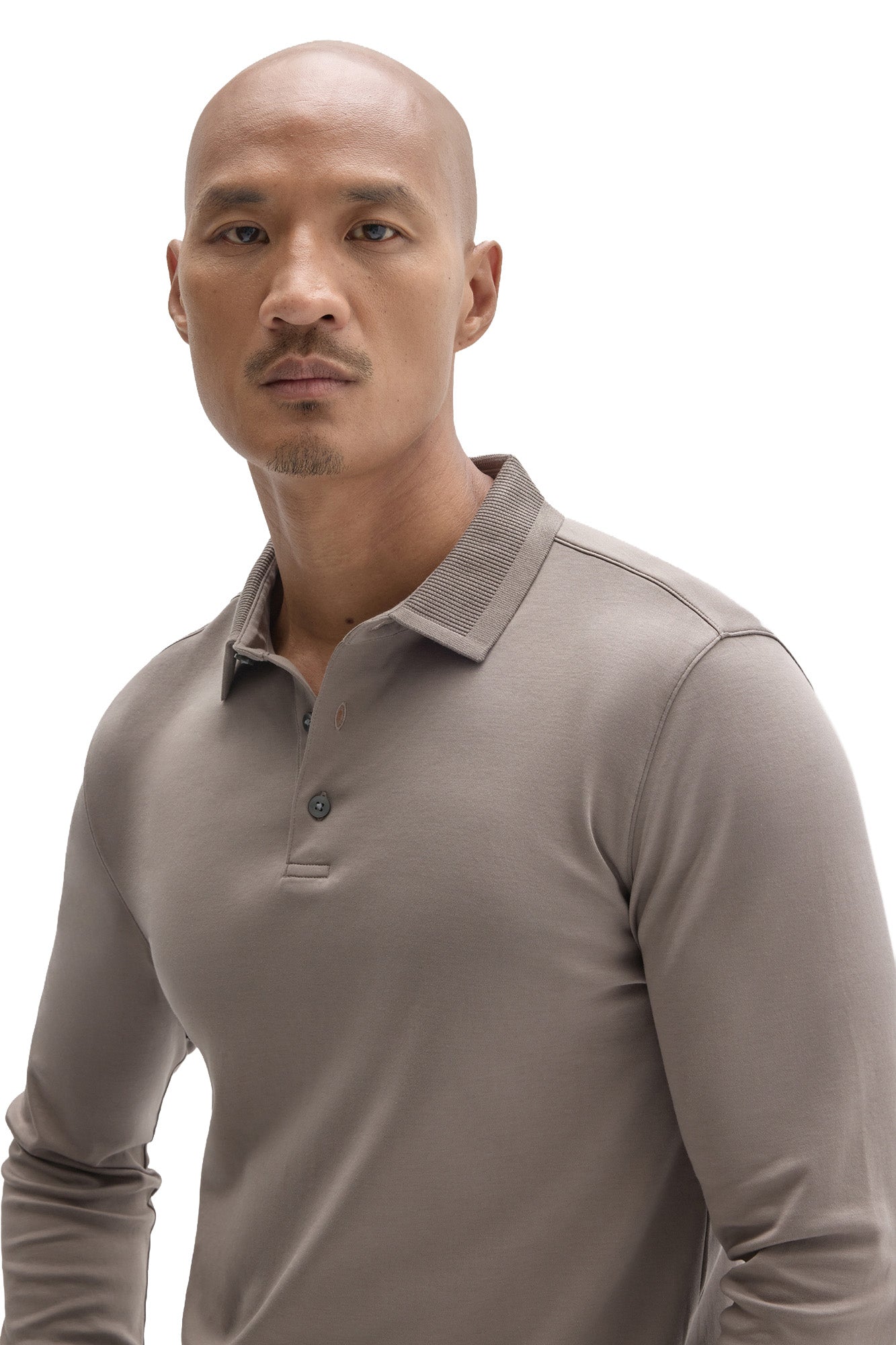 Robert Barakett men's taupe long sleeve polo with button placket and ribbed collar, close-up