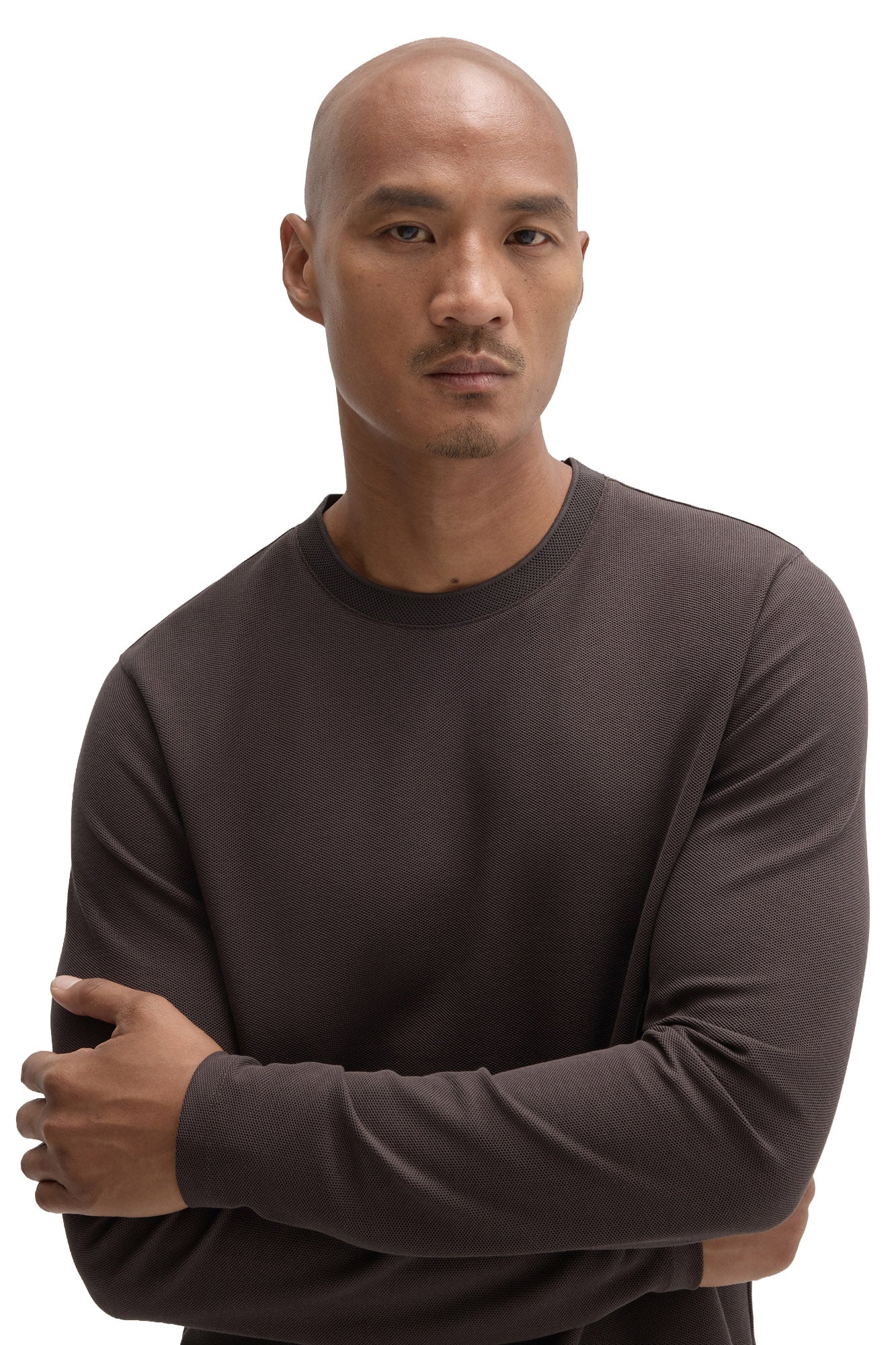 Men's close front detail of a dark brown textured crewneck Long-sleeve T-Shirt showing the ribbed collar by Robert Barakett