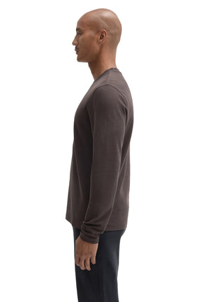 Side view of men's dark brown long sleeve crewneck T-Shirt showing the straight fit and cuff by Robert Barakett