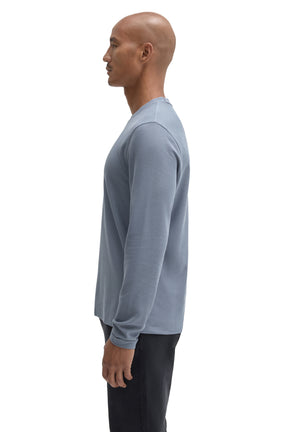 Robert Barakett men's blue-gray long sleeve T-Shirt showing straight hem and shoulder seam, side view