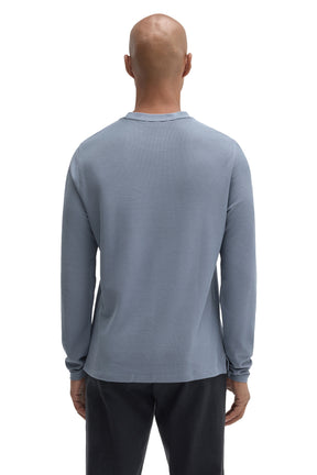 Back view of men's blue-gray long sleeve T-Shirt with crewneck and straight stitched hem by Robert Barakett