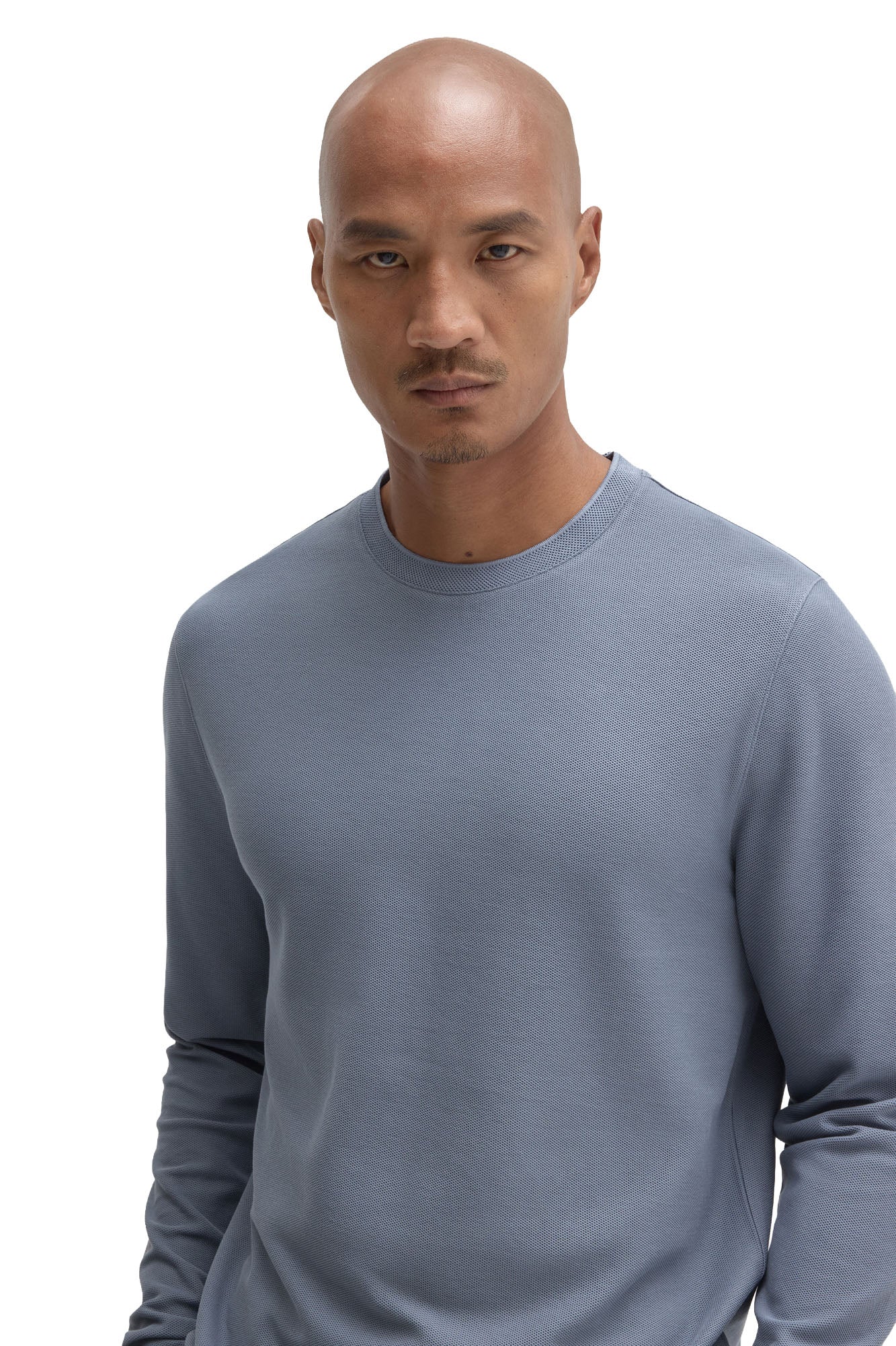 Robert Barakett men's blue-gray long sleeve T-Shirt with fine texture and ribbed crewneck, close-up