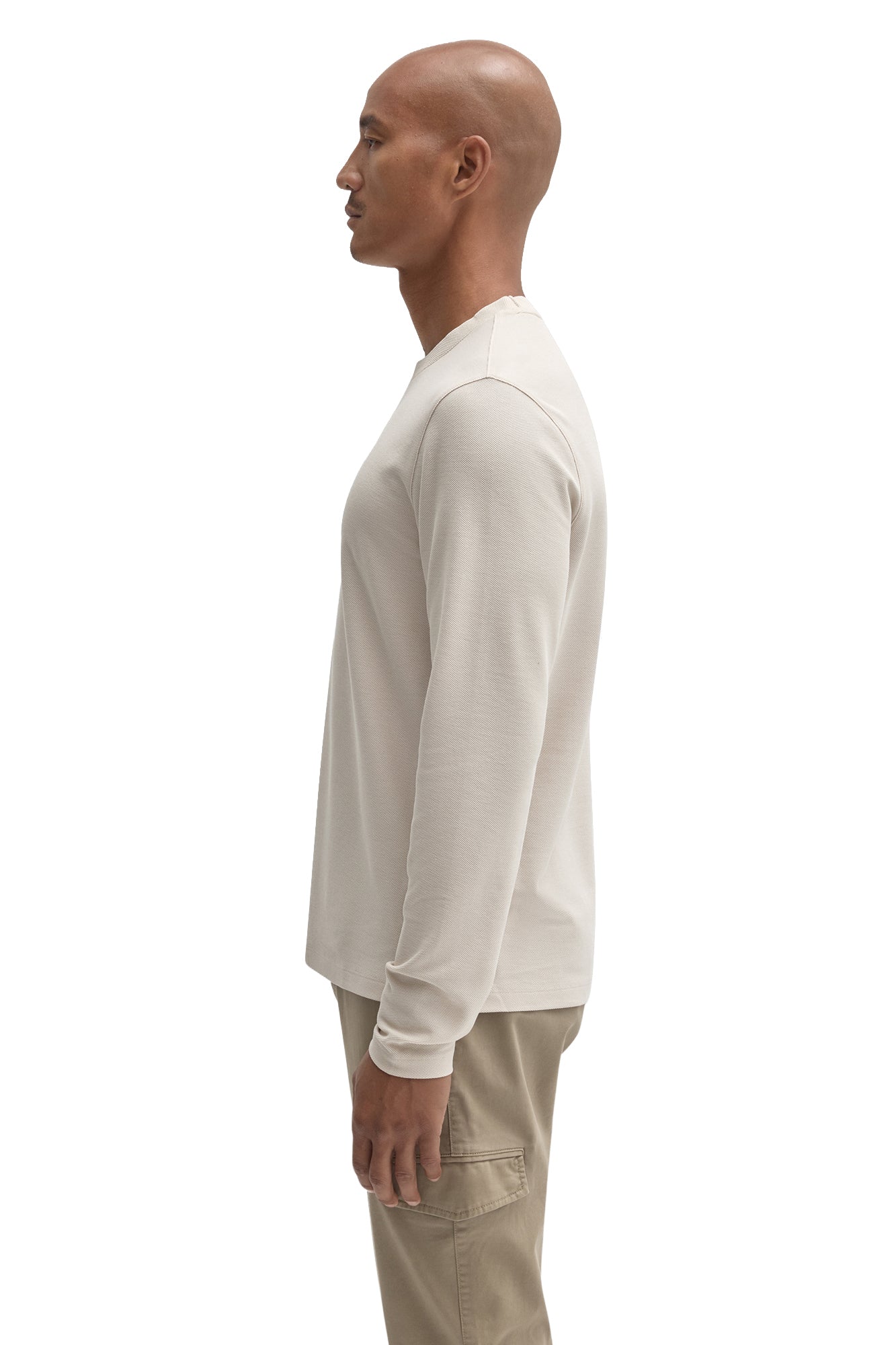 Robert Barakett men's ivory long sleeve crewneck T-Shirt showing straight hem and shoulder seam, side view