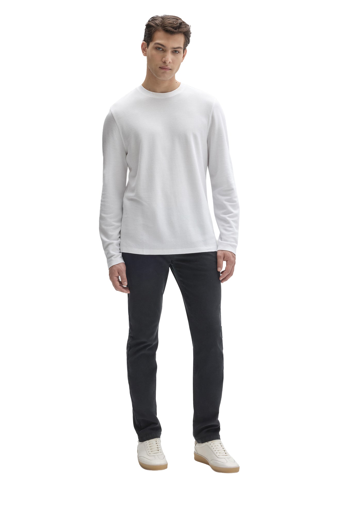 Robert Barakett men's full front view of white long sleeve crew neck T-Shirt styled with dark pants