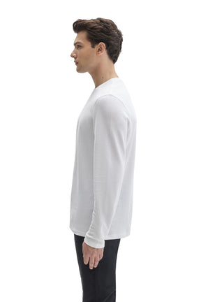 Robert Barakett men's white long sleeve T-Shirt showing simple sleeve cuff and straight body, side view