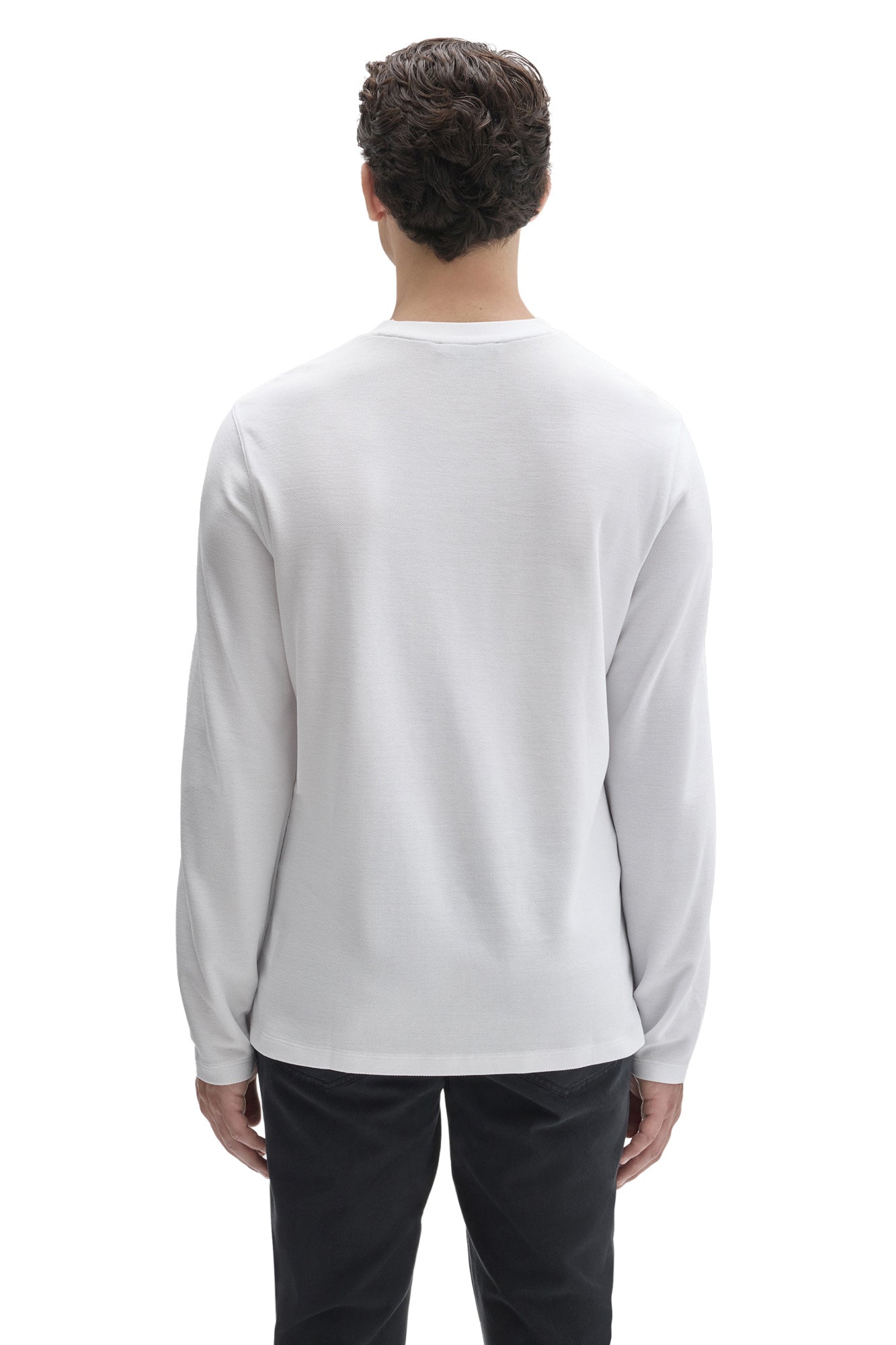 Robert Barakett men's white long sleeve T-Shirt with fine textured surface and straight hem shown from the back