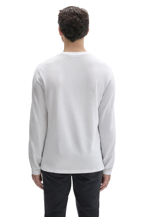 Robert Barakett men's white long sleeve T-Shirt with fine textured surface and straight hem shown from the back