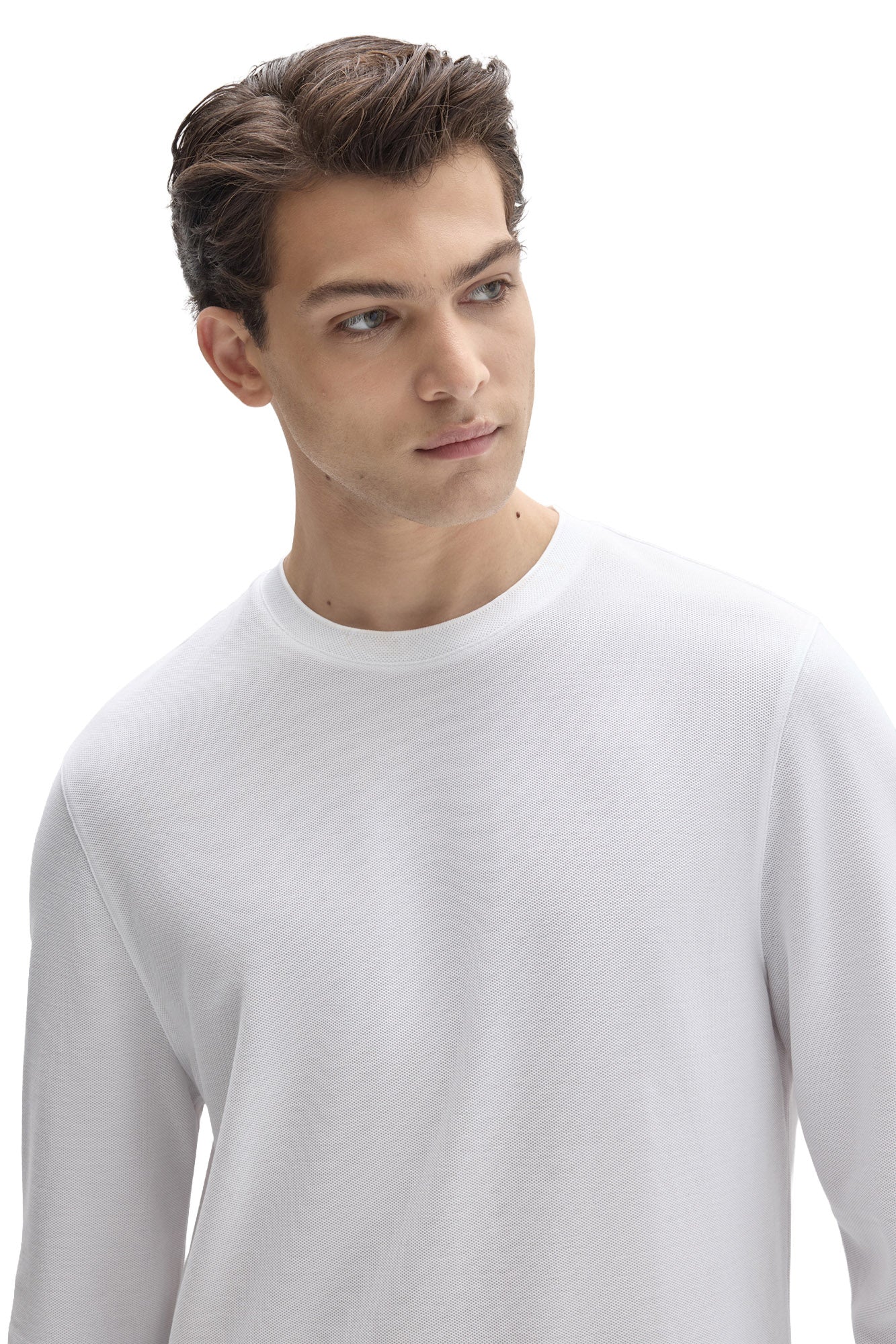 Close view of men's white long sleeve T-Shirt with fine textured knit and crew neck by Robert Barakett