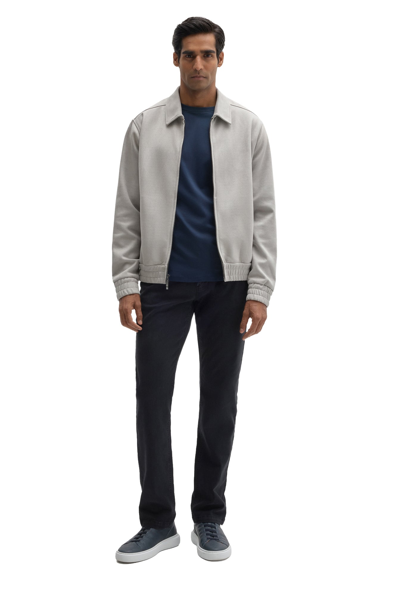 Men's full front view of the light gray zip-front overshirt worn open over a navy T-Shirt by Robert Barakett