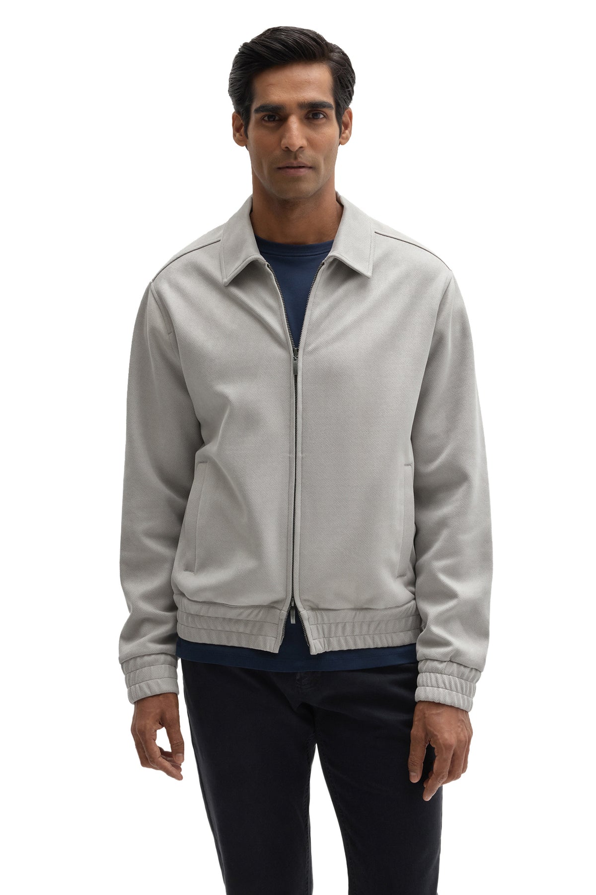Surchemise gris pâle zippée avec col chemise et poches passepoilées pour homme par Robert Barakett, vue de face