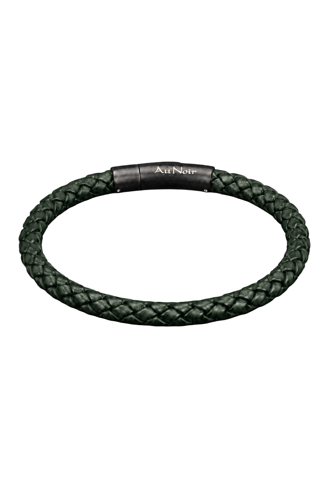 Bracelet tressé vert foncé avec fermoir noir Au Noir et petits rivets argentés, vue produit pour homme