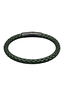 Bracelet tressé vert foncé avec fermoir noir Au Noir et petits rivets argentés, vue produit pour homme