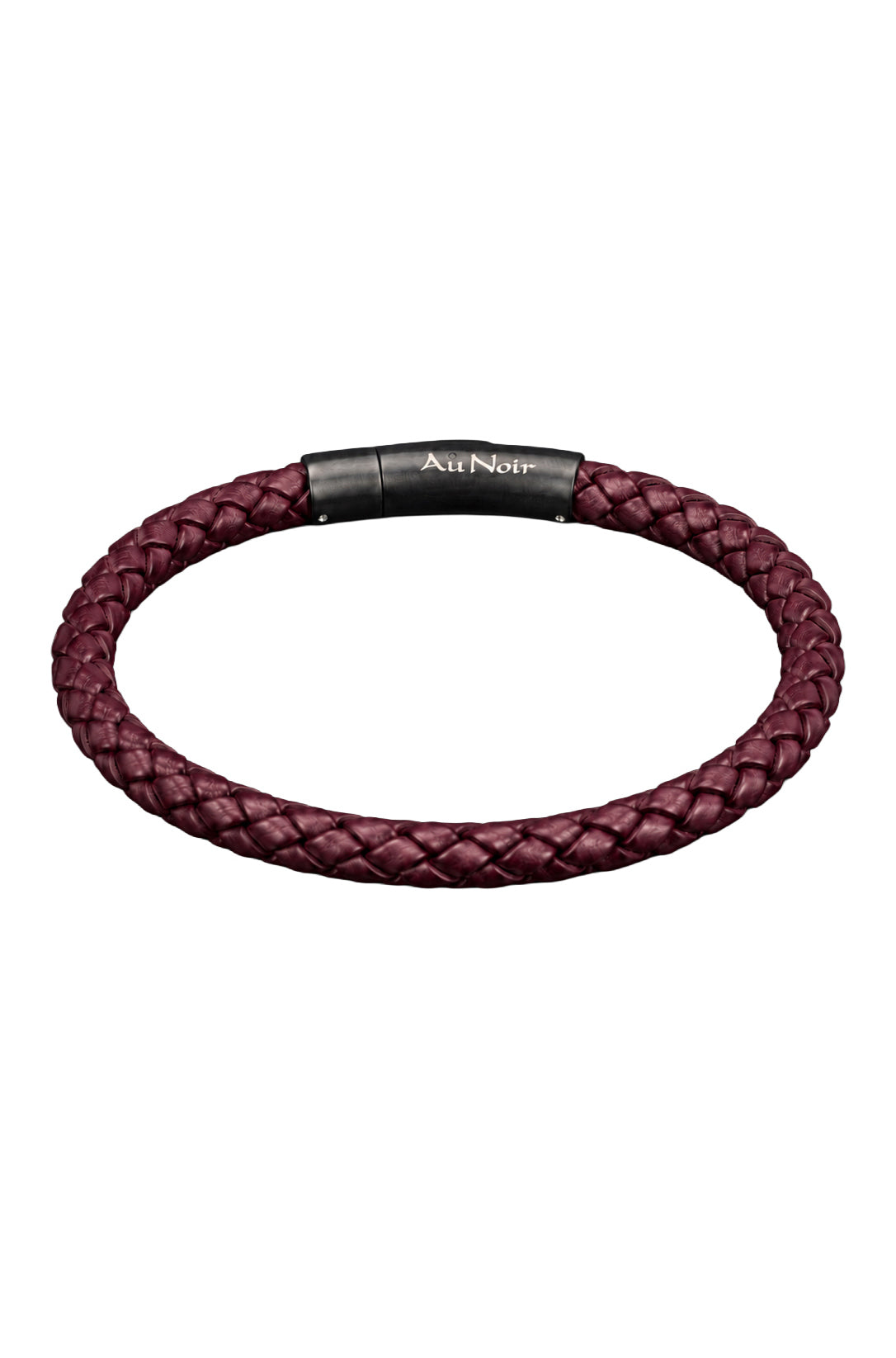 Bracelet tressé bourgogne avec fermoir noir, logo Au Noir blanc et petits rivets argentés, vue produit pour homme