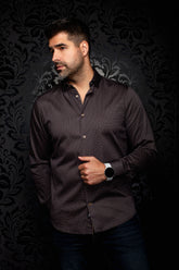 Men's black micro-geometric print button-up shirt, front view with long sleeves and curved hem by Au Noir
