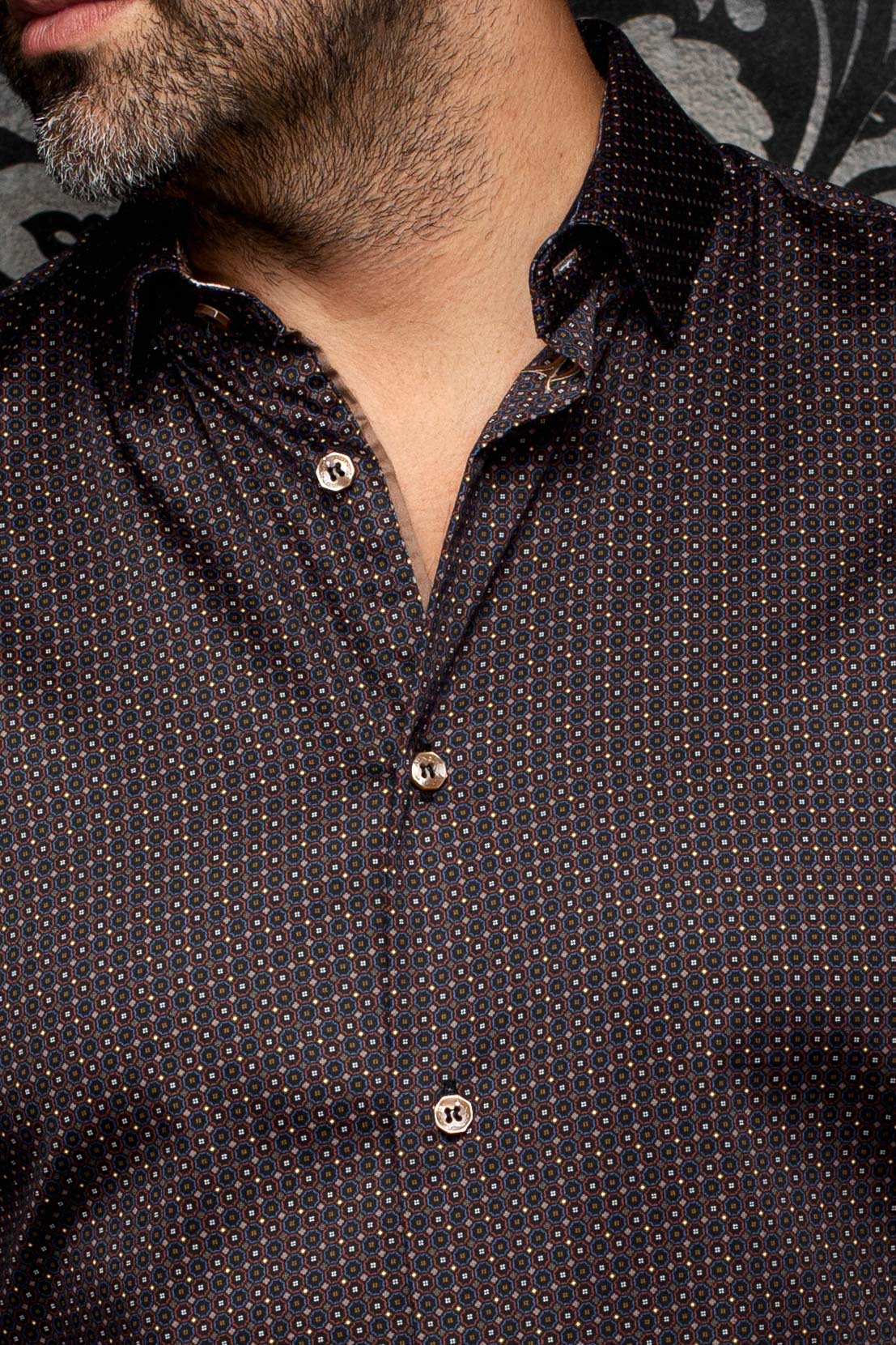 Au Noir men's black micro-geometric print shirt with spread collar and light buttons, close-up