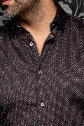 Au Noir men's black micro-geometric print shirt with spread collar and light buttons, close-up