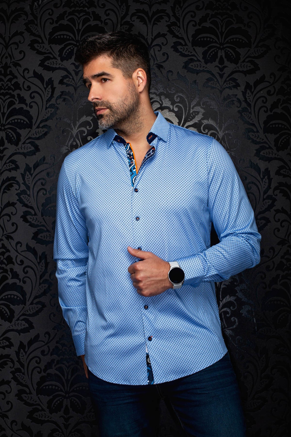 Au Noir men's light blue micro-pattern button-up shirt, front model view with navy inner collar trim