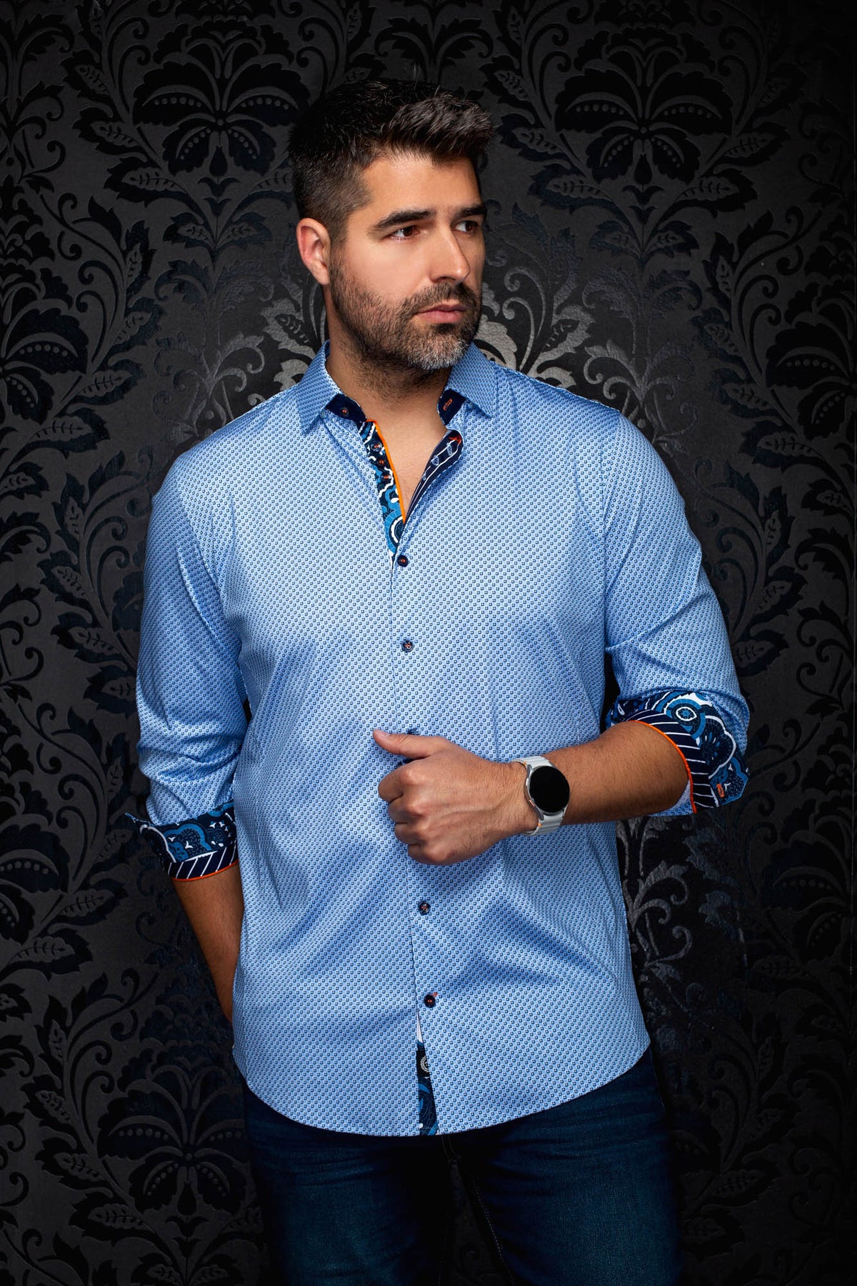 Men's light blue patterned button-up shirt, front view with rolled cuffs and navy contrast trim by Au Noir