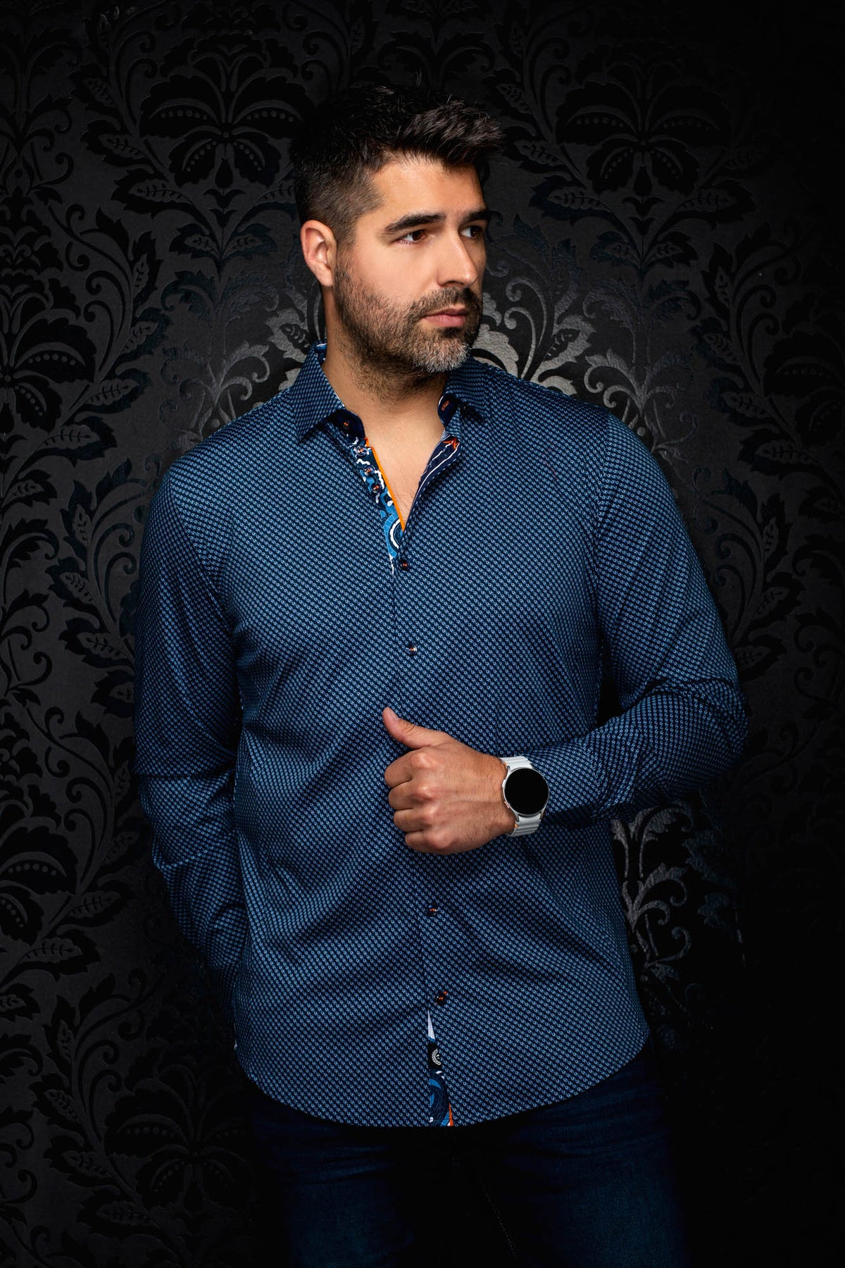 Au Noir men's navy blue long sleeve shirt with light blue geometric print and contrast placket, front view