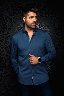 Chemise bleu marine à manches longues, micro motif et patte contrastante pour homme par Au Noir, vue de face