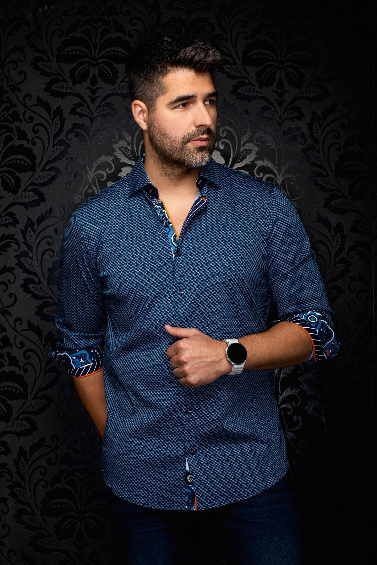 Au Noir men's front angled view of navy blue patterned shirt with rolled cuffs showing contrast lining, side view
