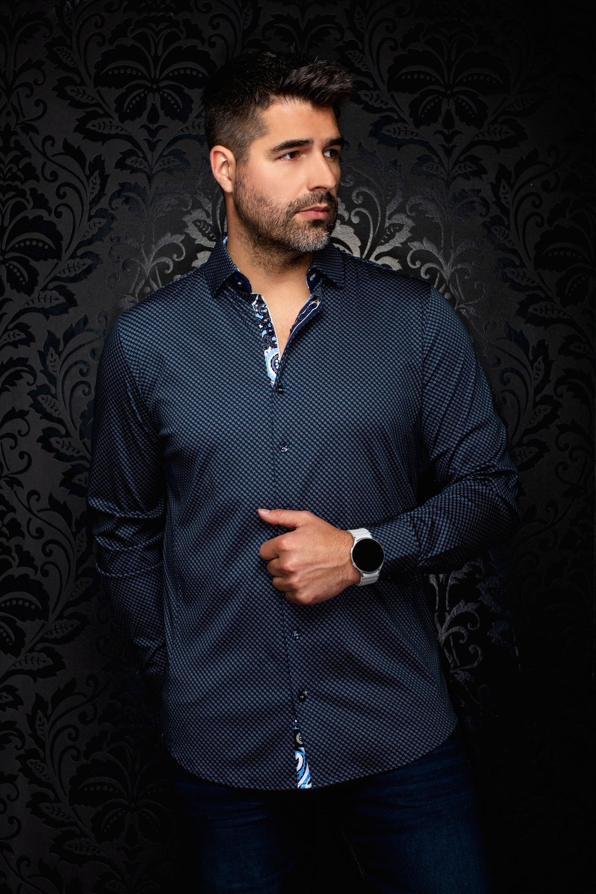 Au Noir men's navy micro-pattern button-front shirt on model with point collar and contrast inner placket