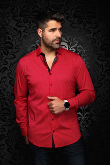 Chemise rouge à micro motif géométrique, vue avant sur mannequin avec manches longues pour homme par Au Noir