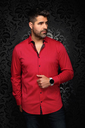 Chemise rouge à micro motif géométrique, vue avant sur mannequin avec manches longues pour homme par Au Noir