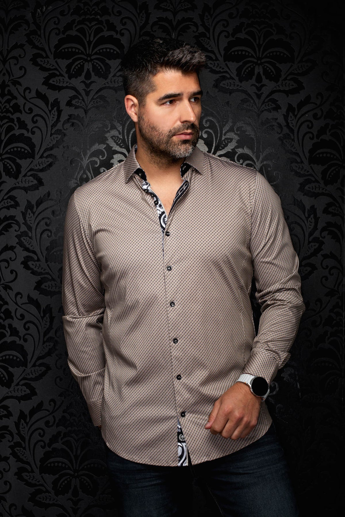Au Noir men's beige geometric button-up shirt with black buttons and contrast placket, front model view