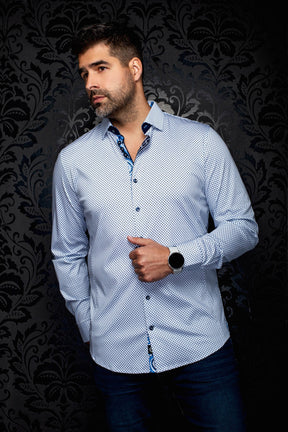 Vue avant inclinée d'une chemise blanche à motif avec garniture marine au col et boutons foncés pour homme par Au Noir