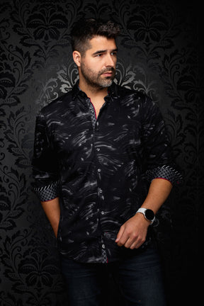 Au Noir men's black button-up shirt with gray brushstroke print, rolled patterned cuffs, and red trim on model, front view