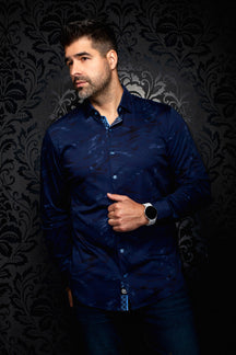 Chemise marine à manches longues, vue de face avec motif ton sur ton et patte bleue à motif pour homme par Au Noir