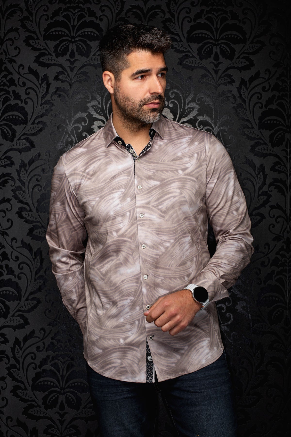 Au Noir men's beige abstract print button-up shirt with black contrast inner placket, front view