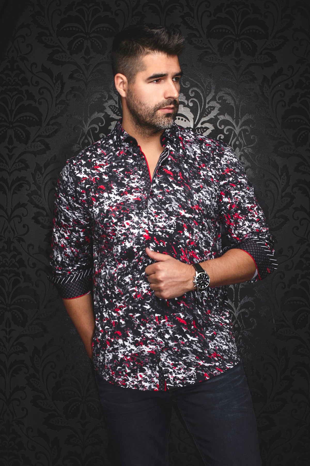Chemise manches longues en Knit pour homme par Au Noir | SORAN Noir Rouge | Machemise.ca, inventaire complet de la marque Au Noir