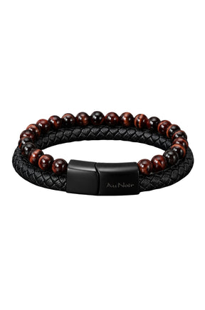 Bracelet noir tressé et rang de perles brun rougeâtre, vue produit pour homme par Au Noir