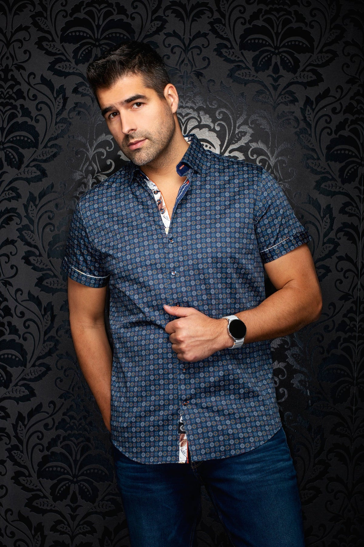 Chemise manches courtes en coton extensible pour homme par Au Noir | STONERIDGE (SS) Marine | Machemise.ca, inventaire complet de la marque Au Noir