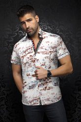 Short sleeve shirt for men by Au Noir | SUAREZ(SS) White Beige | Menshirt, complete inventory of the Au Noir brand