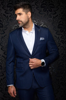Veston bleu marine sur mannequin, vue de face avec revers crantés, bouton unique et poche à rabat pour homme par Au Noir