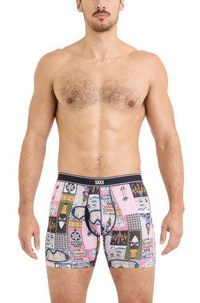 Men's multicolor boxer winter underwear with contoured pouch and black SAXX waistband, front model view