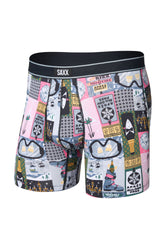 Men's front isolated view of multicolor graphic boxer winter underwear with pouch seams and black SAXX waistband